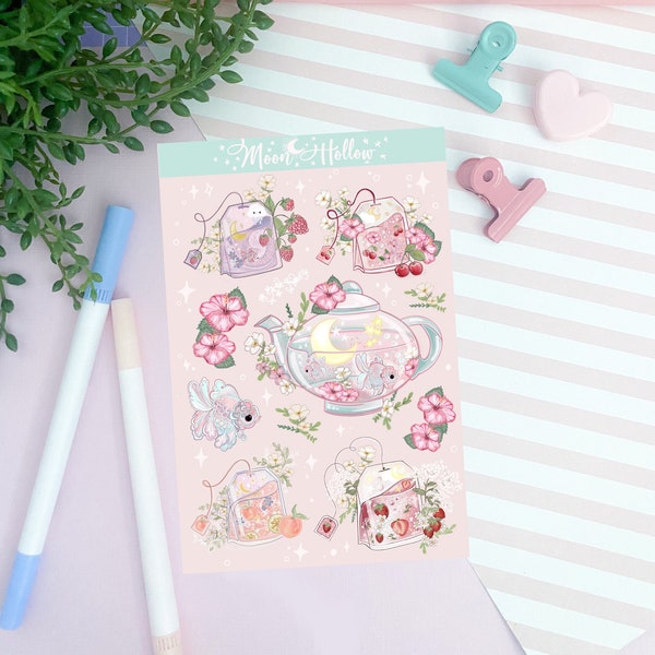 Time for tea Kawaii planner sticker sheet 1pcs // Digital Art, Teapot, Illustration, Kawaii, Stationary, cute, tea, cottagecore, bujo