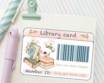 Cozy girl library card  die cut sticker  / cosy bookish coquette aesthetic / Digital art, books , reading  kawaii cute stationery