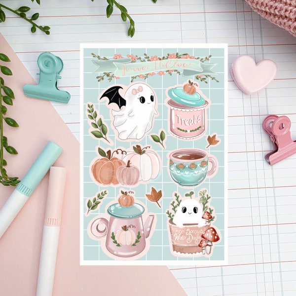 Pumpkin spice Boo planner sticker sheet 1pcs, Digital Art, ghost, Illustration, Kawaii, Stationary, cute, tea, cottagecore, bujo