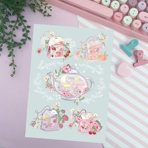 Aesthetic Kawaii tea A5 illustration Art print. Cute Kawaii Digital illustration.