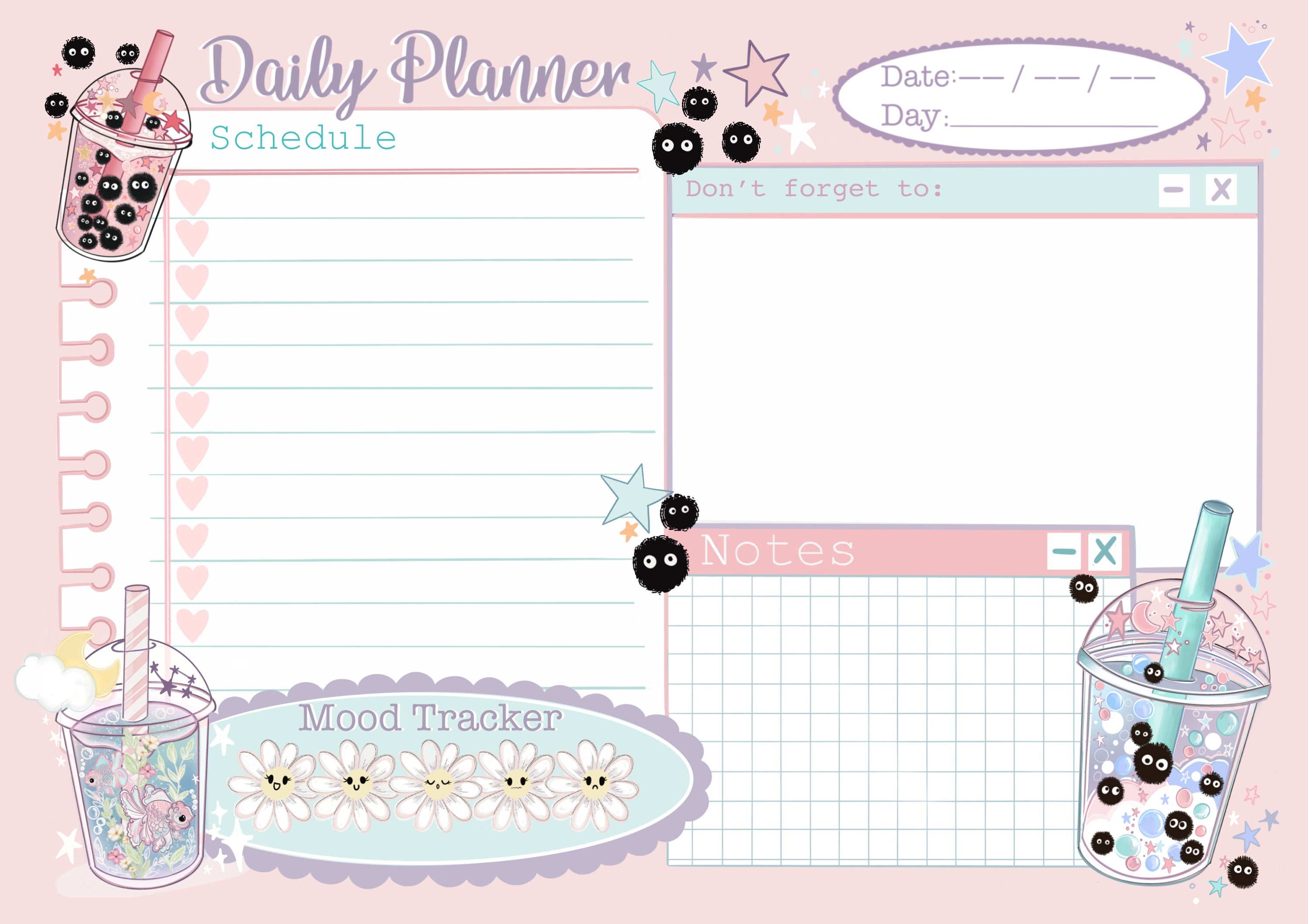 Cute Digital Daily Planner Bubble Tea Kawaii Undated Instant - Etsy UK