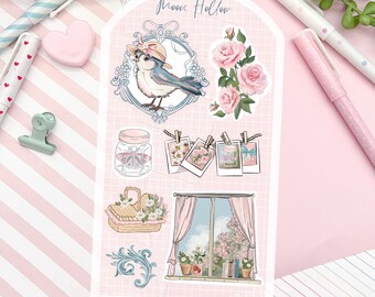 Bird Cottagecore Journal Sticker Sheet: Vintage Floral Scrapbooking