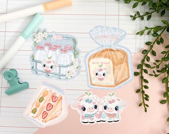 Kawaii bakery sticker pack, Cute cow, milk, bread. Japanese sandwich Digital Art, Stickers, Cute Illustration, Stationary bullet journal.