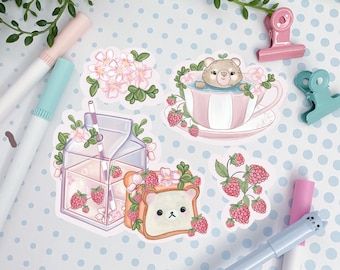 Raspberry bear kawaii snack sticker set, hand drawn Illustration, sandwich, Stationary, kawaii snack, journal set ,bujo. Laptop stickers.