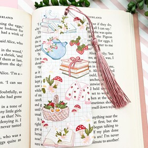 Book lover Cottagecore bookmark /  reading, toadstool bookmark / Digital art, books , reading  kawaii cute stationery. Tassel bookmark