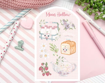 Kawaii bakery tea sticker sheet Cute cow, milk, bread. Cottagecore tea  Digital Art, Stickers,Stationary, penpal, bujo bullet journal.