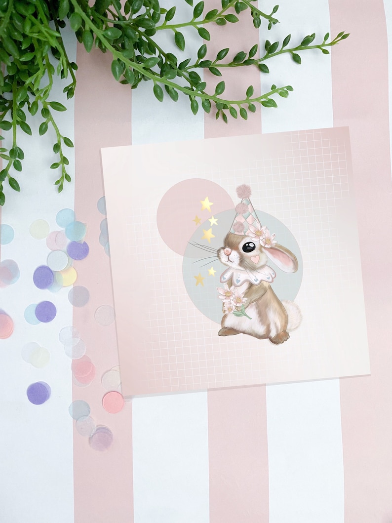 Moonlight Bunny cute kawaii art print. Illustration. Hand drawn magic bunny, rabbit magical circus print. image 1