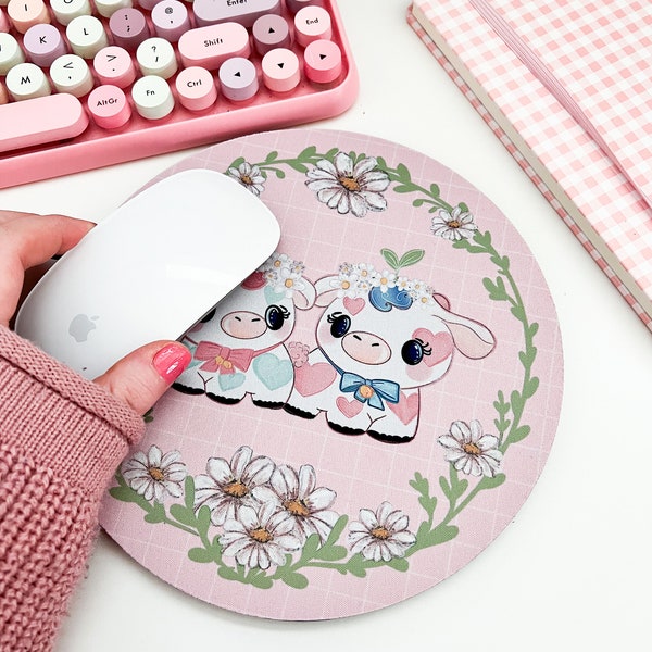 Strawberry cow mouse mat, kawaii Gaming setup desk mat, mouse pad, kawaii computer mat. Gaming desk mat. Cute colourful desk setup mousepad.