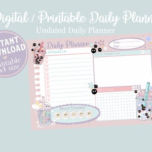 Cute Digital Daily Planner, Bubble tea kawaii undated, instant download, iPad planner, printable cute organisational, Schedule, mood tracker