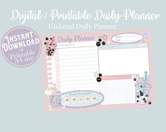 Kawaii Bubble Tea Daily Planner, Undated Schedule, Mood Tracker (Digital Download)