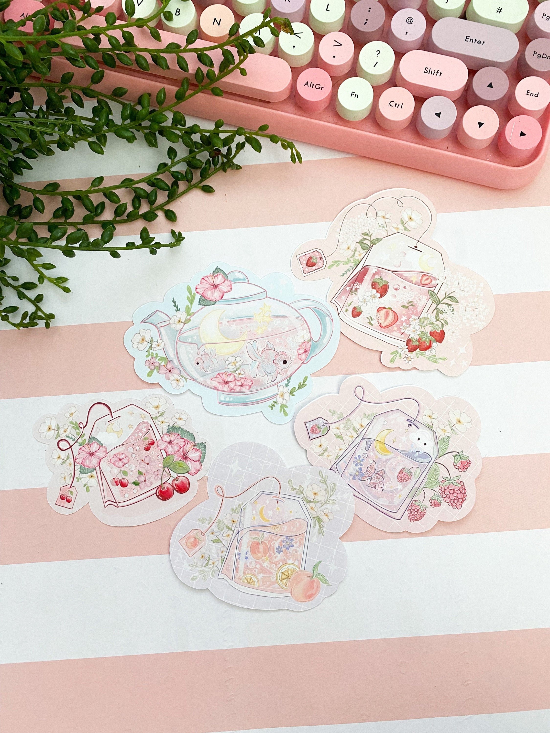 Kawaii tea , moon, tea fruit sticker pack//  Digital Art, Stickers, K…