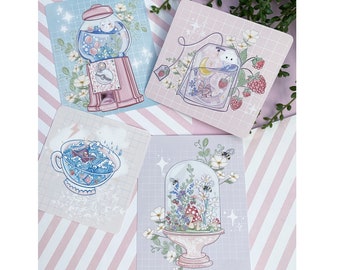 Cute mini Kawaii art print illustration pack. Digital Illustration. Cute kawaii art prints. cottagecore tea, flowers scrapbooking vibes.
