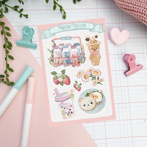 Breakfast aesthetic sticker sheet, Hand drawn, Stickers, honey bear Illustration, journaling, Stationary, Bujo, scrapbook bullet journal.