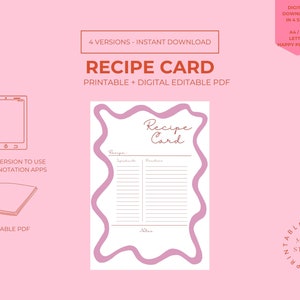 May include: Printable recipe card template with a pink and white wavy border. The card has sections for ingredients, instructions, and notes. The text "Recipe Card" is written in a cursive font.