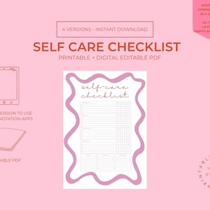 Lista de verificación de cuidado personal imprimible / Diario de amor propio / Registro de seguimiento de hábitos / / Tamaño medio / Carta A5 / A4 / Rosa lindo editable / Diario