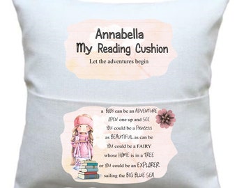 Personalised book cushion, gift for girl, gift for book lover, book cushion for girl,