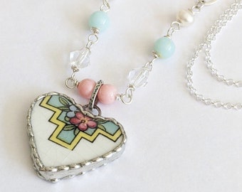 Shabby Broken China Heart Necklace - Pink Coral, Aqua Jasper, Swarovski Crystal and Freshwater Pearl - 28 Inch Sterling Silver Chain