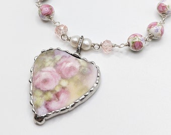 Shabby Chic Roses Heart Bracelet, Porcelain Floral Beads, Freshwater Pearl, Pink Crystal, Silver Clasp