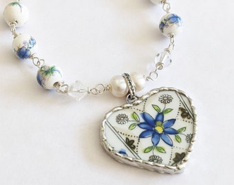Shabby Broken China Heart Blue Flower - Porcelain Floral Beads, Freshwater Pearl and Swarovski Crystal - Sterling Silver
