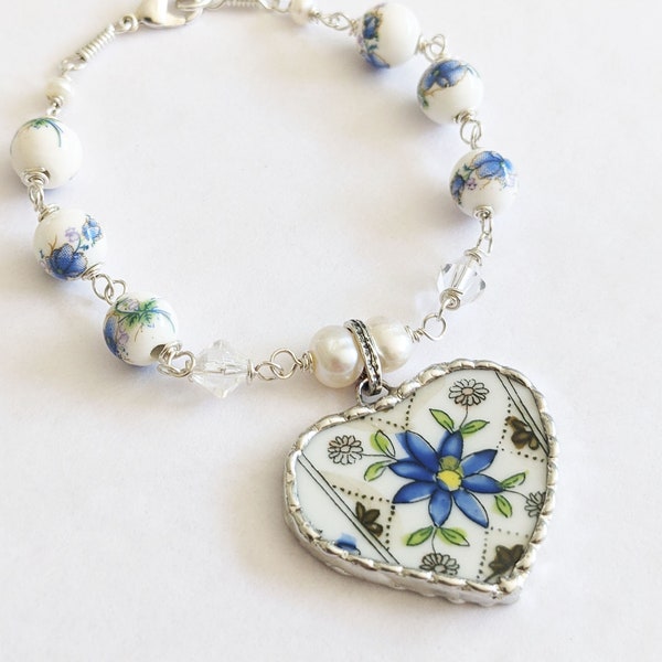 Shabby Broken China Heart Blue Flower - Porcelain Floral Beads, Freshwater Pearl and Swarovski Crystal - Sterling Silver