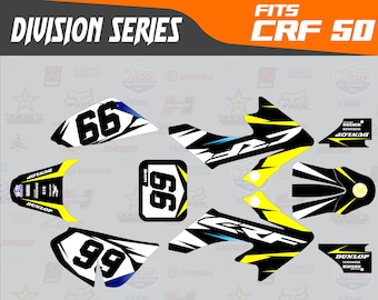May include: A collection of black, white, and yellow Division Series decals for a CRF 50 motorcycle. The decals feature the numbers 66 and 99, along with various brand logos and the text "DUNLOP". The image also includes the text "FITS CRF 50".