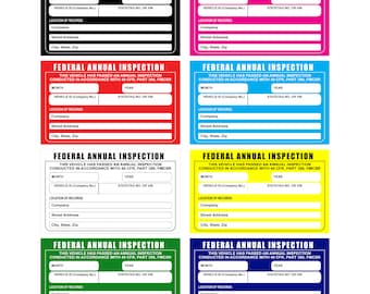 May include: Six differently coloured inspection stickers with the text "Federal Annual Inspection" and spaces for the month, year, vehicle ID, state tag or VIN, company, street address, and city, state, zip.
