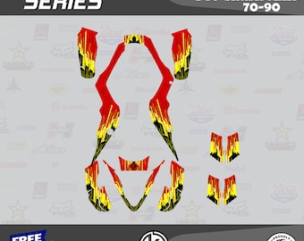 May include: A set of red, yellow, and black Apex Pro Shark MXR 70-90 decals from the Fracture Series. The decals have a flame-like design and include the Kalair GFX logo and "Proudly Made in USA" text.