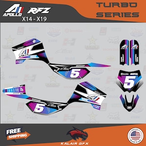 May include: Motorcycle graphics kit with a black, white, blue, and purple color scheme. The kit includes various decals with the number 5, brand logos, and the text "APOLLO" and "TURBO SERIES".