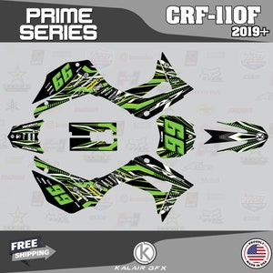 以下が含まれることがあります： 黒、白、ネオングリーンのオートバイ用デカールセット。デカールには番号66、さまざまなロゴ、およびテキスト「PRIME SERIES」と「CRF-110F 2019+」が表示されています。「送料無料」のグラフィックと「MADE IN USA」のシールが含まれています。
