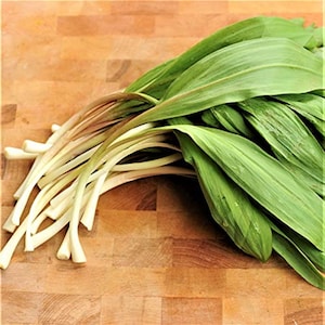 May include: A bunch of fresh green ramps, also known as wild leeks, on a wooden cutting board. The ramps have long, slender stalks and broad, green leaves.