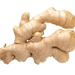 May include: A large piece of ginger root with a light brown color. The ginger has a knobby, irregular shape with many folds and crevices.