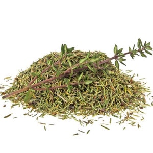 May include: A pile of dried thyme with a sprig of fresh thyme on top. The thyme is a light green color and the sprig has a reddish-brown stem.