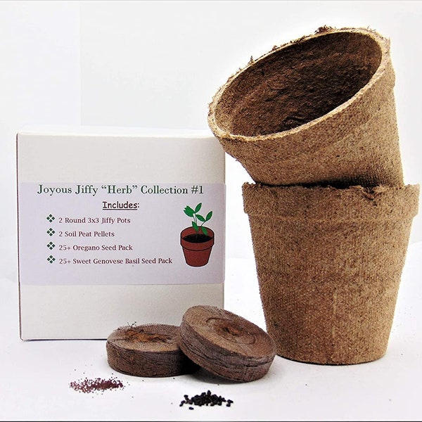 Joyous Jiffy"Herb" Collection #1 - (2) Round 3x3 Jiffy pots, (2) Soil Peat Pellets, (1) 25  Oregano Seed Pack and (1) 25  Sweet Genovese Bas