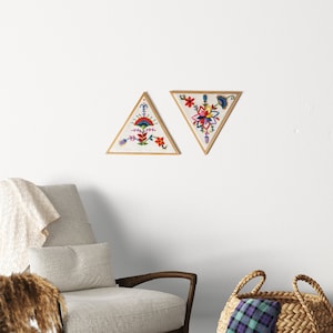Set of 2 Embroidered Triangle Wall Art – Hand-Embroidered Floral Decor – Unique Botanical Textile Art – Handmade in Italy Gift