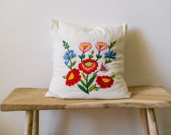 Linen pillow with embroidered flowers for living room, bedroom and farmhouse decoration, Embroidery art