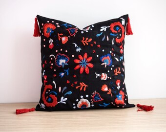 Home decor,Bohochic pillow with Embroidered Flowers and tassels (18x18), for Living Room Decoration,gift for the home