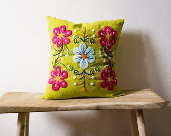 Home Decor ,Green linen pillow with embroidered flowers for living room, cottage, farmhouse decoration, bohochic decor