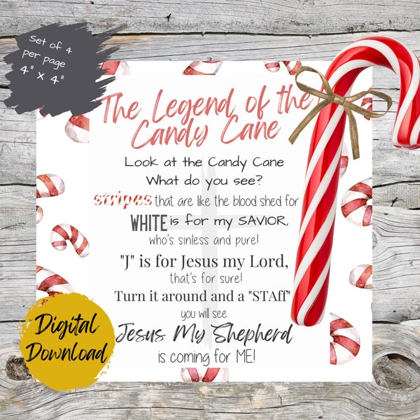 The Legend of the Candy Cane Christmas Gift Tag, Religious Gift Tag, Printable Holiday, Candy Cane Card, Fun Holiday Card, Gifts for Teacher