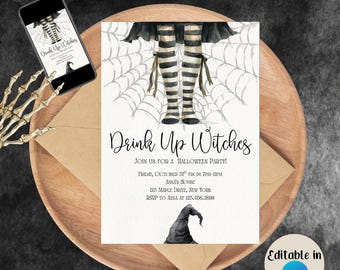 Halloween Party Invite | Drink Up Witches | Editable Canva | Digital Download
