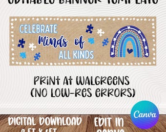 Autismus Bewusstsein Banner Vorlage | Köpfe aller Art | Bearbeitbares Canva Design (Digitaler Download)