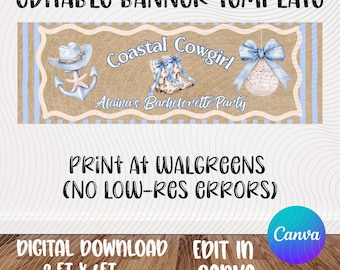 Bachelorette Banner Vorlage | Küsten-Cowgirl | Western | Strand | Junggesellinnenabschied | Bearbeitbares Canva Design (Digitaler Download)