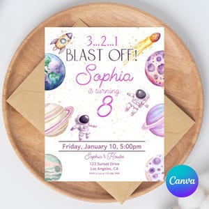 Pink Outer Space Birthday Invitation: Editable Astronaut Template (CANVA)