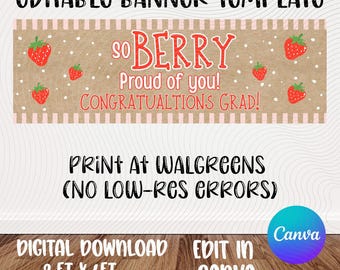 Graduierung Banner Vorlage | Beere Stolz auf Dich| Erdbeer-Thema | Bearbeitbares Canva Design (Digitaler Download)