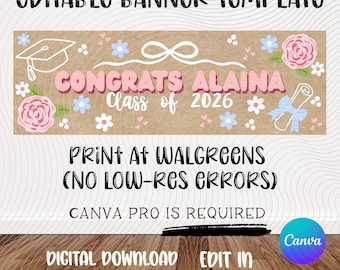 Graduation Banner Template | Flower Theme | Congrats Grad | Editable Canva Design (Digital Download)