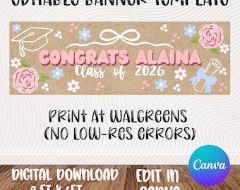 Graduierung Banner Vorlage | Blumen-Thema | Herzlichen Glückwunsch Grad | Bearbeitbares Canva Design (Digitaler Download)