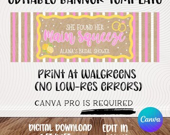 Bachelorette Banner Template | Main Squeeze | Lemon Theme | Bachelorette Party | Bridal Shower | Editable Canva Design
