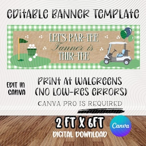 Pode incluir: Um modelo de banner editável com tema de golfe, borda xadrez verde, carrinho de golfe e bolas. O texto diz: LET'S PAR-TEE Tanner is THIR-TEE. O design inclui instruções para impressão na Walgreens e edição no Canva.