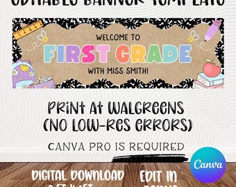Editable First Grade Banner Template | Walgreens 2x6 Printable (Digital Download)