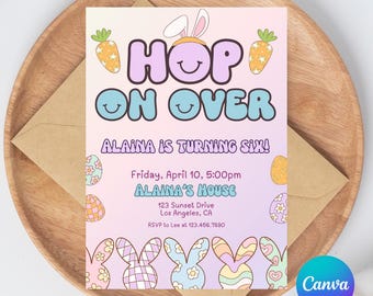 Groovy Bunny Einladungsvorlage zum Geburtstag: Frühlingsparty (CANVA, Digital Download)