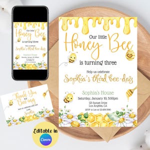 Editable Honey Bee Birthday Invitation, honey bee, Download, honey, Bee Birthday Invite, Birthday Invitation, CANVA, Bee, One year old party